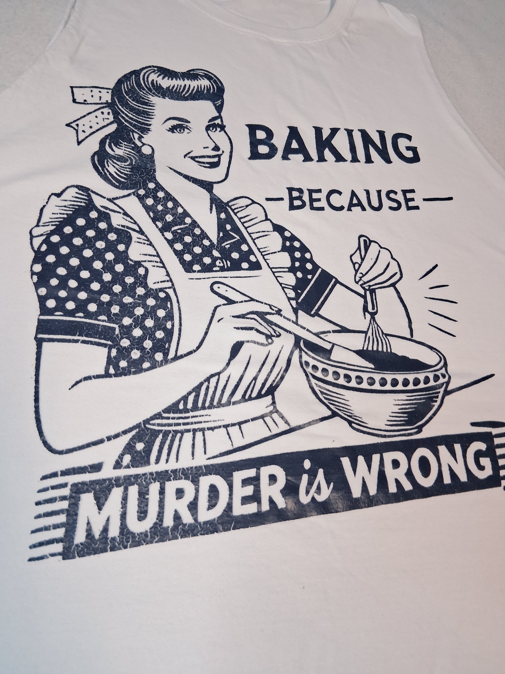 Retro Graphic White Tank Top with Navy Baking Print